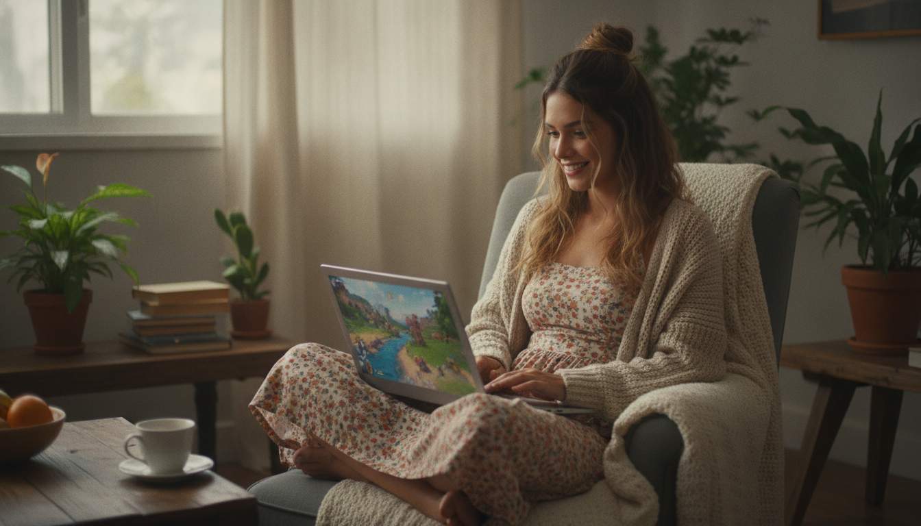 Uma mulher jogando slots online em um ambiente confortável